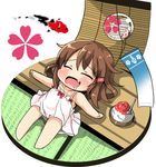  alternate_costume anchor_symbol blush bowl brown_hair chibi closed_eyes commentary_request dress drooling fang flower_(symbol) hair_ornament hairclip highres hot ikazuchi_(kantai_collection) kantai_collection koi lying on_back open_mouth oshiruko_(uminekotei) outstretched_arms shaved_ice short_hair sleeveless sleeveless_dress solo spoon summer sundress tatami white_background wind_chime wooden_floor 
