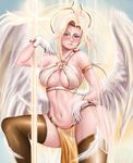  alternate_costume alternate_hairstyle alternate_legwear alternate_wings armlet blonde_hair blue_eyes blush braid breasts brown_legwear cleavage contrapposto criss-cross_halter facial_mark feathered_wings forehead_mark gimgugnae gloves halo halter_top halterneck highres large_breasts loincloth long_hair mercy_(overwatch) midriff navel nose overwatch side_braid solo staff standing thighhighs thighs white_gloves wings 