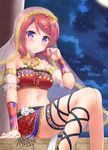  arabian_clothes blush breasts jewelry looking_at_viewer love_live! love_live!_school_idol_project medium_breasts midriff navel nishikino_maki purple_eyes red_hair sakurai_makoto_(custom_size) short_hair solo veil 