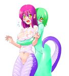  blue_skin blush bottomless breasts cowboy_shot fangs flying_sweatdrops goo_girl green_hair hug hug_from_behind lamia monster_girl multiple_girls navel nipples nude okayado original scales see-through shirt simple_background slit_pupils wet wet_clothes wet_shirt wet_t-shirt white_background yellow_eyes yuri 