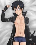  1boy abs bed bed_sheet black_hair blush bulge gloves kirito lying male_focus muscle solo sword_art_online tagme underwear undressing 