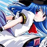  blue_hair blush fa_no_hito hat hinanawi_tenshi long_hair looking_back puffy_short_sleeves puffy_sleeves raised_eyebrows red_eyes short_sleeves smile solo touhou when_you_see_it 