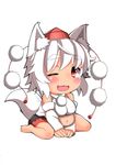  :3 animal_ears bare_shoulders belly blush breasts chibi detached_sleeves eyebrows fang fat hat highres inubashiri_momiji large_breasts midriff navel one_eye_closed open_mouth plump pom_pom_(clothes) red_eyes shishi_juuroku short_hair silver_hair simple_background sitting solo tail thick_eyebrows tokin_hat touhou white_background wolf_ears wolf_tail 