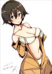  :p black_border blush bodysuit border bra breasts brown_eyes brown_hair cleavage closed_mouth collarbone copyright_request eyebrows eyebrows_visible_through_hair gloves hair_between_eyes long_sleeves looking_at_viewer medium_breasts navel open_clothes orange_bodysuit panties rib:y(uhki) short_hair sketch smile solo stomach tongue tongue_out underwear undressing unzipped white_bra white_gloves white_panties zipper 