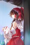  ascot bare_shoulders bow brown_eyes brown_hair commentary_request detached_sleeves from_side frown hair_bow hair_tubes hakurei_reimu japanese_clothes kutsuki_kai miko ponytail rain red_bow red_skirt ribbon-trimmed_sleeves ribbon_trim skirt skirt_set solo touhou wide_sleeves wringing_clothes 