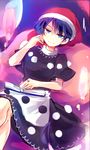  &gt;:) black_capelet black_dress blob blue_eyes blue_hair book capelet commentary_request crossed_legs doremy_sweet dream_soul dress hat kutsuki_kai looking_at_viewer nightcap pom_pom_(clothes) short_hair sitting sitting_on_object smile solo touhou v-shaped_eyebrows 