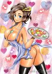  apron apron_pull arched_back ass bare_shoulders black_legwear blue_eyes blush breasts brown_hair cleavage clothes_writing collarbone commentary_request cowboy_shot dark_skin earrings eighth_note food food_between_breasts from_side hair_intakes hair_ornament hairclip halterneck heart heart_background jewelry large_breasts looking_at_viewer macaron marker_(medium) mature musical_note naked_apron no_panties pokemon pokemon_(game) pokemon_xy saki_(pokemon) short_hair sleeveless smile solo takecha thighhighs traditional_media tray 