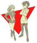  bad_id bad_twitter_id boots crossed_arms full_body genderswap genderswap_(mtf) gohan_no_otomo hair_bun hand_on_hip jacket keith_aero_windermere long_hair macross macross_delta messer_ihlefeld multiple_girls pilot_suit thighhighs triangle 