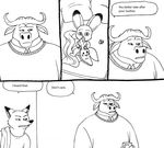  2016 anthro bed bedding bernielover bibi_wilde blanket bovine buffalo canine carrot chief_bogo clothing comic cub cup disney english_text food fox fur hi_res horn humor hybrid lagomorph male mammal monochrome nick_wilde simple_background speech_bubble text towel vegetable white_background young zootopia 