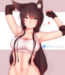  1girl absurdres animal_ear_fluff animal_ears armpits arms_up artist_name bangs bare_shoulders black_gloves bluefield blush breasts brown_hair cleavage commentary crop_top english_commentary eyebrows_visible_through_hair fingerless_gloves fox_ears fox_girl gloves green_eyes gym_uniform hair_between_eyes highres impossible_clothes kitsune long_hair looking_at_viewer medium_breasts navel original sidelocks solo stomach sweat twitter twitter_username upper_body 