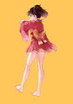  bare_legs barefoot black_hair cakeicake full_body hair_ribbon highres japanese_clothes kimono koutetsujou_no_kabaneri mumei_(kabaneri) panties pantyshot pantyshot_(standing) purple_ribbon red_eyes ribbon short_kimono short_twintails short_yukata simple_background solo standing twintails underwear white_ribbon yellow_background yukata 