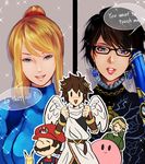  5boys bad_id bad_pixiv_id bayonetta bayonetta_(character) bayonetta_2 black_hair blonde_hair blush brown_hair citrus_tsukiko earrings english facial_hair gen_1_pokemon glasses gun highres jewelry kid_icarus kirby kirby_(series) link lipstick love_is_blue_(bayonetta) makeup mario mario_(series) metroid mole mole_under_mouth multiple_boys multiple_girls mustache pikachu pit_(kid_icarus) pointy_ears pokemon pokemon_(creature) pokemon_(game) ponytail samus_aran short_hair sparkle speech_bubble super_mario_bros. super_smash_bros. the_legend_of_zelda triangle_mouth weapon wings zero_suit 