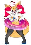  anthro braixbraix braixen breasts canine clothed clothing eyewear female fox fur glasses inner_ear_fluff inner_tube looking_at_viewer mammal nintendo open_mouth panties pink_eyes pink_fur pok&eacute;mon pool_float simple_background slugbox solo stick tan_fur thick_thighs underwear video_games white_background white_fur wide_hips 