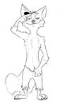  2016 3_toes 4_fingers anthro canine clothed clothing crossover disney eye_patch eyewear five_nights_at_freddy&#039;s fox furii half-closed_eyes hand_in_pants line_art male mammal monochrome nick_wilde pirate plantigrade simple_background smile solo standing toes topless video_games white_background zootopia 