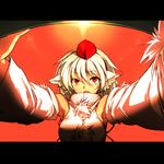  animal_ears armpits bare_shoulders commentary_request detached_sleeves foreshortening hat inubashiri_momiji letterboxed long_sleeves looking_at_viewer onimaru_gonpei open_mouth pom_pom_(clothes) red_eyes short_hair solo tail tokin_hat touhou upper_body white_hair wolf_ears wolf_tail 