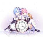  :o analog_clock apron bad_id bad_pixiv_id blue_eyes blue_hair bow breasts character_name cleavage clock detached_sleeves dress flower frilled_dress frilled_sleeves frills garter_straps hair_ornament hair_over_one_eye holding holding_tray ikataruto knees_up looking_at_viewer maid maid_headdress mary_janes medium_breasts multiple_girls open_mouth petals pink_hair ram_(re:zero) re:zero_kara_hajimeru_isekai_seikatsu red_eyes reflection rem_(re:zero) ribbon-trimmed_clothes ribbon-trimmed_collar ribbon-trimmed_legwear ribbon-trimmed_sleeves ribbon_trim roman_numerals shoes short_hair siblings side-by-side sisters sitting small_breasts smile sparkle thighhighs tray twins underbust x_hair_ornament yokozuwari 