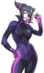  biker_clothes bikesuit bodysuit drill_hair eyepatch han_juri impossible_bodysuit impossible_clothes looking_at_viewer oetarou popped_collar purple_bodysuit smile solo street_fighter street_fighter_v twin_drills 