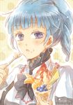  ange_serena black_bow blue_eyes blue_hair bow eating food food_on_face looking_at_viewer nari_hibiki parfait ponytail short_hair sketch solo tales_of_(series) tales_of_innocence twitter_username upper_body yellow_background 