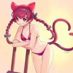  ainy77 animal_ears backlighting bad_id bad_pixiv_id bangs bikini blue_bow bow braid cat_ears cat_tail closed_mouth cowboy_shot crossed_arms extra_ears eyelashes hair_between_eyes hair_bow heart heart_tail kaenbyou_rin leaning_forward long_hair looking_away multiple_tails nekomata red_bikini red_eyes red_hair smile solo string_bikini sweat swimsuit tail thigh_gap touhou twin_braids twintails two_tails wet yellow_background 