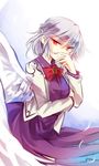  &gt;:( angel_wings bow bowtie commentary_request dress feathered_wings frown jacket kishin_sagume kutsuki_kai long_sleeves looking_at_viewer open_clothes open_jacket purple_dress red_bow red_eyes red_neckwear silver_hair single_wing solo touhou v-shaped_eyebrows white_jacket white_wings wings 