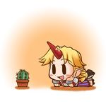  :d blonde_hair blush_stickers cactus chibi commentary_request cuffs geta hands_on_own_face head_on_hand horn hoshiguma_yuugi long_hair lying nushin_(nishin-dou) on_stomach open_mouth plant pointy_ears potted_plant shackles short_sleeves smile solid_oval_eyes solo touhou two-tone_background 