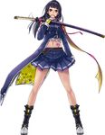  bangs bare_legs black_hair boots full_body gloves katana long_hair long_legs masamune_(phantom_of_the_kill) midriff miniskirt navel official_art phantom_of_the_kill purple_eyes simple_background skirt solo sword tattoo weapon white_background 