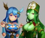  armadel_(p&amp;d) ars_paulina_(p&amp;d) asymmetrical_horns bad_id bad_pixiv_id bare_shoulders bracer breasts cleavage commentary_request detached_collar dress flower_eyepatch frills gem green_hair green_skin grey_background hair_ornament hair_over_one_eye hat horns large_breasts long_hair looking_at_viewer medium_breasts mrider multiple_girls parted_lips pink_eyes plant_girl pointy_ears purple_eyes puzzle_&amp;_dragons red_eyes simple_background smile wide_sleeves 