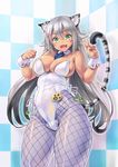  :d animal_ears breasts checkered checkered_background commentary_request cowboy_shot dark_skin detached_collar fangs fishnet_pantyhose fishnets green_eyes kittysuit kiyama_satoshi large_breasts leotard long_hair looking_at_viewer necktie open_mouth original pantyhose paw_pose smile solo tail tiger_ears tiger_tail v very_long_hair wrist_cuffs 