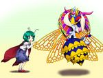  antennae bee bent_over blue_eyes blush bug cape crossover crown disembodied_limb full_body gloves gradient gradient_background green_hair insect insect_wings kirby_(series) long_sleeves mary_janes multicolored multicolored_background multiple_girls open_mouth orusuta pants puffy_sleeves purple_eyes queen_sectonia shirt shoes short_hair socks sparkle touhou white_gloves white_legwear wings wriggle_nightbug 