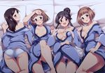  :d ass ayase_honoka bath_yukata black_hair blue_eyes breasts brown_eyes brown_hair frilled_square_(idolmaster) gokubuto_mayuge hair_bun idolmaster idolmaster_cinderella_girls japanese_clothes kimono kitami_yuzu kudou_shinobu long_hair medium_breasts momoi_azuki multiple_girls open_mouth panties pillow robe short_hair small_breasts smile underwear yukata 