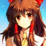  ascot bare_shoulders blush bow brown_eyes brown_hair commentary_request hair_bow hair_tubes hakurei_reimu long_hair looking_at_viewer lowres onimaru_gonpei portrait red_bow solo star touhou 