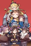  5girls :d :o amagaeru_(hylathewet) armor arulumaya bangs black_hair blonde_hair blue_eyes blush boots bridgette_(granblue_fantasy) brown_hair cape carrying charlotta_fenia closed_eyes crescent crown dress eyepatch fighter_(granblue_fantasy) frills gauntlets gloves gran_(granblue_fantasy) granblue_fantasy hair_ornament hair_over_one_eye hair_stick hands_on_another's_head harvin hat highres lavender_eyes lavender_hair long_hair long_sleeves looking_at_viewer lunalu_(granblue_fantasy) mole mole_under_eye multiple_girls nio_(granblue_fantasy) open_mouth pointy_ears ponytail puffy_short_sleeves puffy_sleeves red_background short_hair short_sleeves shoulder_carry simple_background sitting smile thigh_boots thighhighs 
