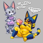  animal_crossing ankha anthro areola big_breasts breasts cat dialogue duo eating english_text erect_nipples feline female food fruit lolly_(animal_crossing) mammal navel nintendo nipples nude overweight peach_(disambiguation) pussy smile teckworks text video_games 