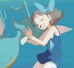  1girl artist_request bow brown_hair closed_eyes dress kingdra mii_snowdon pokemon pokemon_(anime) short_hair smile 