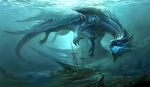  amazing_background ambiguous_gender blue_eyes blue_scales detailed detailed_background dragon feral partially_submerged sandara scales sea solo sunken_ship swimming underwater water wings 