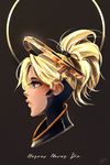  artist_request blonde_hair bodysuit english highres long_eyelashes long_hair mercy_(overwatch) overwatch ponytail profile solo text_focus 