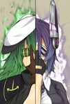  aura black_gloves breasts brown_gloves cape checkered checkered_neckwear commentary_request double_eyepatch eyepatch fingerless_gloves gloves green_hair hand_on_own_face hat headgear highres kantai_collection kiso_(kantai_collection) large_breasts long_hair multiple_girls nanao_(aoyamahikari) necktie pauldrons purple_hair remodel_(kantai_collection) sailor_hat school_uniform serafuku short_hair tenryuu_(kantai_collection) 