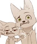  2016 4_fingers anthro canine cheek_pinch disney duo fennec finnick fox green_eyes half-closed_eyes liego male mammal motion_lines necktie nick_wilde red_eyes simple_background smile teeth white_background zootopia 