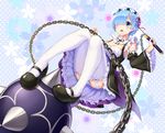  blue_eyes blue_hair blush chain d: detached_sleeves drogoth flail flower frilled_sleeves frills from_below garter_straps hair_ornament hair_over_one_eye highres looking_at_viewer maid maid_headdress mary_janes morning_star open_mouth panties re:zero_kara_hajimeru_isekai_seikatsu rem_(re:zero) shoes short_hair solo underwear weapon white_legwear white_panties wide_sleeves x_hair_ornament 
