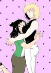  bakugou_mitsuki black_hair blonde_hair boku_no_hero_academia denim flying_sweatdrops gogo56 green_eyes halterneck height_difference jeans midoriya_inko multiple_girls pants pink_background polka_dot polka_dot_background simple_background sleeveless spiked_hair 