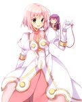  :&gt; :d ayamisiro character_doll coat cowboy_shot dress estellise_sidos_heurassein gloves green_eyes long_hair open_mouth pink_dress pink_hair purple_hair red_string short_hair smile string tales_of_(series) tales_of_vesperia white_background white_gloves yuri_lowell 