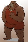  2018 anthro bear belly brown_fur bulge clothed clothing fur humanoid_hands juuichi_mikazuki male mammal morenatsu overweight overweight_male sakayasaka simple_background solo sweat wrestling_singlet 