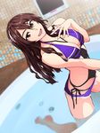  alternate_costume ashigara_(kantai_collection) bare_arms bare_shoulders breasts brown_eyes brown_hair cleavage commentary_request cosplay eyebrows hairband highres kantai_collection kurohime_kiryuu large_breasts long_hair looking_at_viewer open_mouth partially_submerged solo swimsuit water yamato_(kantai_collection) yamato_(kantai_collection)_(cosplay) 