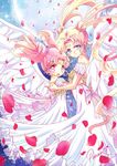  :d bishoujo_senshi_sailor_moon blonde_hair blue_background blue_eyes chibi_usa cowboy_shot crescent double_bun dress earrings facial_mark forehead_mark full_moon hair_ornament hairpin highres jewelry looking_at_viewer moon multiple_girls open_mouth petals pink_eyes pink_hair princess_serenity punano short_hair signature small_lady_serenity smile tsukino_usagi twintails white_dress white_wings wings 
