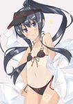  adapted_costume akatsuki_(kantai_collection) alternate_hairstyle anchor_symbol bare_shoulders beritabo bikini black_eyes black_hair breasts buttons collarbone dress_shirt flat_cap hat kantai_collection long_hair long_ponytail long_sleeves looking_at_viewer one-piece_tan ponytail remodel_(kantai_collection) shirt shirt_removed simple_background small_breasts smile solo swimsuit tan tanline visor_cap 