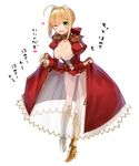  ;d ahoge bad_id bad_twitter_id blonde_hair blush breasts cleavage curtsey dress epaulettes fate/extra fate_(series) full_body greaves green_eyes high_heels highres kou_mashiro large_breasts looking_at_viewer nero_claudius_(fate) nero_claudius_(fate)_(all) one_eye_closed open_mouth red_dress see-through simple_background skirt_hold smile solo translated white_background 