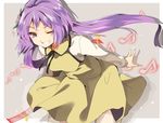  bent_over dress eighth_note flower grey_background grin hair_flower hair_ornament hasebe_yuusaku long_hair long_sleeves looking_at_viewer low_twintails musical_note one_eye_closed purple_eyes purple_hair smile solo touhou tsukumo_benben twintails 