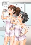  ass_visible_through_thighs black_hair blush bottle brown_eyes brown_hair diving_mask diving_mask_on_head drinking hand_on_hip highres kantai_collection maru-yu_(kantai_collection) milk_bottle multiple_girls naked_towel ryuujou_(kantai_collection) short_hair sogabe_toshinori towel translated twintails wet 