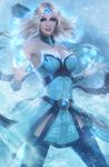  armpits bare_shoulders belt blonde_hair blue_eyes breasts cleavage collar cosplay defense_of_the_ancients dota_2 earrings fusion gem grin highres ice jewelry large_breasts lina_inverse_(dota_2) long_hair magic raikoart rylai_crestfall smile snow solo thighhighs tiara 