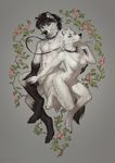  abstract_background breasts canine caraid collar digitigrade duo female flower fur gloves_(marking) male mammal markings nude plant socks_(marking) white_fur wolf 